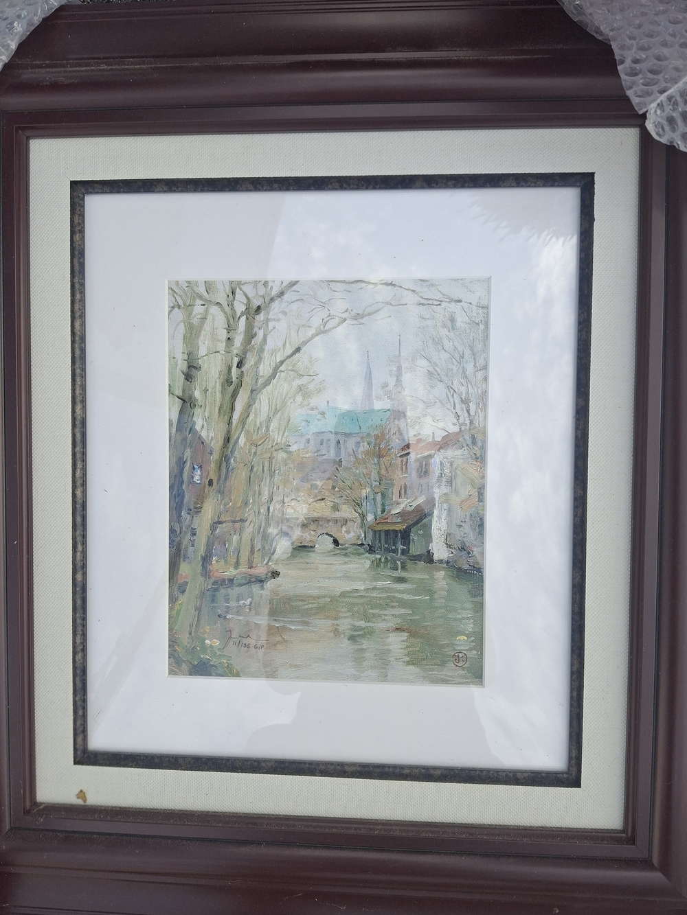 Framed Watercolor Canal Landscape Art Print in Brown